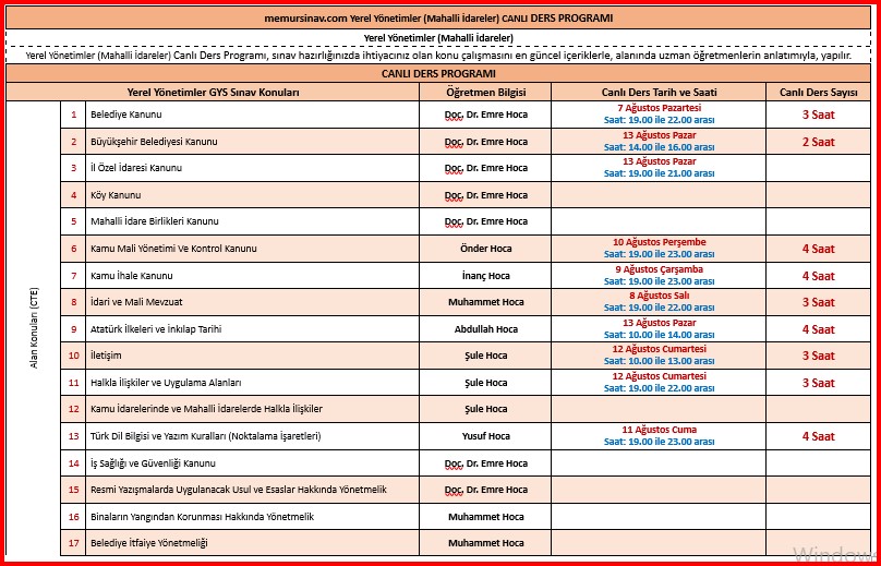 Yerel Yönetimler (Mahalli İdareler) Tüm kadro ve Gruplardan haftalık CANLI DERS programı yayınlanmıştır!